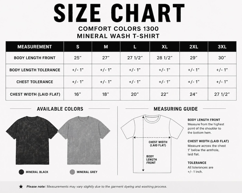 Pu&ograve; includere: Una tabella delle taglie per le t-shirt Comfort Colors 1300 con lavaggio minerale. Include una tabella con le misure in pollici per le taglie dalla S alla 3XL, una guida alle misurazioni con un diagramma della t-shirt e campioni di colore Mineral Black e Mineral Grey.
