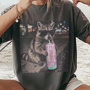 Pu&ograve; includere: Una t-shirt grigio antracite con una stampa grafica di un procione che indossa occhiali da sole neri e tiene in mano una lattina a righe rosa e bianche con il testo Alani stampato sul davanti, su uno sfondo sfocato di una strada cittadina.