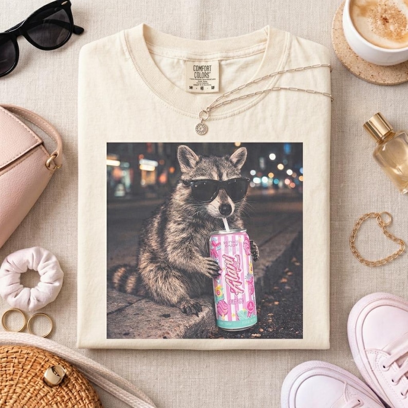 Pu&ograve; includere: Una t-shirt color crema con una stampa grafica di un procione che indossa occhiali da sole neri e tiene in mano una lattina a righe rosa e bianche con il testo Alani Nu. La maglietta presenta l'etichetta del marchio Comfort Colors sul collo.