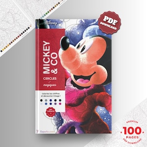 Puede incluir: Una portada de libro para colorear digital titulada Mickey & Co CERCLES magiques con una gran ilustración de Mickey Mouse compuesta por círculos superpuestos en tonos rojos, rosas y azules. Incluye una insignia de PDF DOWNLOAD y 100 PAGES.