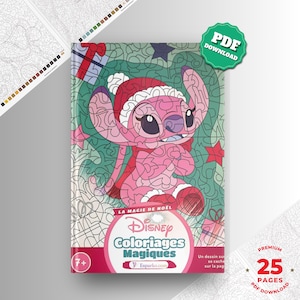 Peut inclure: Une couverture de livre de coloriage numérique représentant un personnage extraterrestre rose portant un bonnet de Père Noël rouge et blanc. Le texte Disney Coloriages Magiques, La Magie de Noël et Esparko.com figure sur le fond vert.