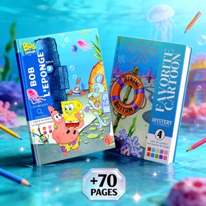 Puede incluir: Dos libros de colorear rectangulares con personajes de Bob Esponja en las portadas. El libro de la izquierda muestra el texto Bob L'Eponge y Coloriages Mysteres. El de la derecha muestra un salvavidas con Bikini Bottom y Favorite Cartoon.