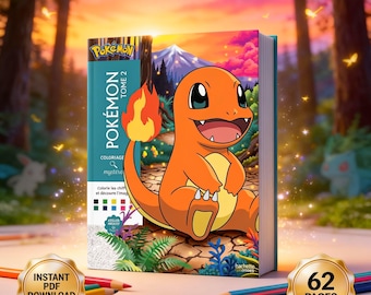 Peut inclure: Un livre de coloriage Pokemon Tome 2 avec un personnage Charmander orange sur la couverture. La couverture inclut le texte Pokemon Tome 2, coloriage mystere et Hachette Heroes. Deux badges dorés indiquent Instant PDF Download et 62 Pages.