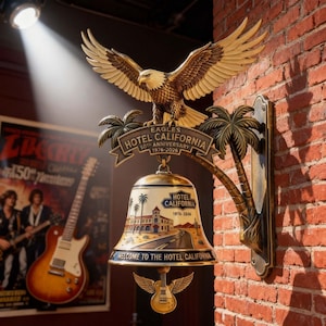 May include: A decorative wall-mounted bell featuring an eagle with outstretched wings, palm trees, and the text "EAGLES HOTEL CALIFORNIA 50TH ANNIVERSARY 1976-2026". The bell has a desert road scene and the text "WELCOME TO THE HOTEL CALIFORNIA".