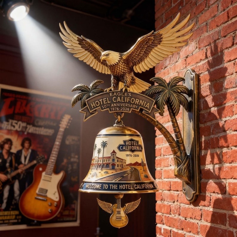 May include: A decorative wall-mounted bell featuring an eagle with outstretched wings, palm trees, and the text "EAGLES HOTEL CALIFORNIA 50TH ANNIVERSARY 1976-2026". The bell has a desert road scene and the text "WELCOME TO THE HOTEL CALIFORNIA".