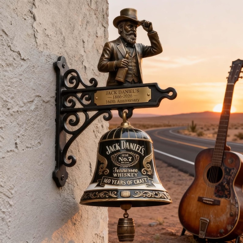 May include: A decorative Jack Daniel's bell with a statue of a man tipping his hat, mounted on a wall. The bell is black and gold, with the Jack Daniel's logo and text. The text reads "160 Years of Craft". A guitar rests nearby.