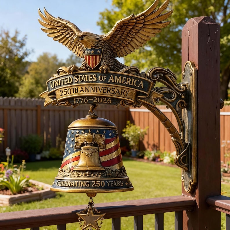 May include: A bronze-colored decorative sign featuring an eagle with outstretched wings, perched above a banner that reads "UNITED STATES OF AMERICA 250TH ANNIVERSARY 1776-2026." A bell with a patriotic design hangs below, with the text "CELEBRATING 250 YEARS +."
