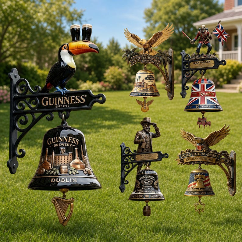 May include: Collection of decorative metal bells with various themes. Includes a Guinness Brewery bell with a toucan, a Hotel California bell, an Iron Maiden bell, a Jack Daniel's bell, and a United States of America bell.