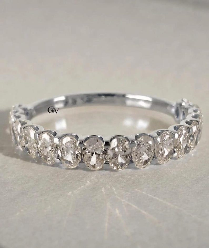 Oval Cut Lab Grown Diamond Wedding Band, 14K Solid Gold Half Eternity ...