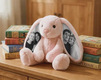Custom Photo Bunny Plush – Personalized Hidden Ear Picture Bunny Gift for Couples Anniversary Gifts