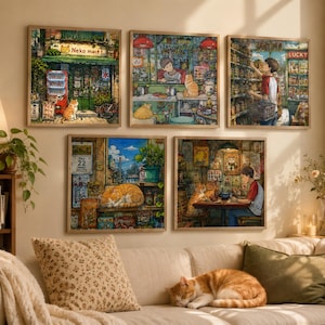 May include: Five framed art prints depicting scenes of cats in a Japanese-inspired setting. The artwork features a cat in front of a shop, a cat at a table, and a cat sleeping on a shelf. The color palette includes warm tones.