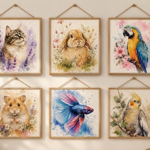 May include: Six framed watercolor prints of animals, including a cat, rabbit, parrot, hamster, betta fish, and cockatiel. Each print features the animal surrounded by flowers or foliage, with a neutral background and a wooden frame.