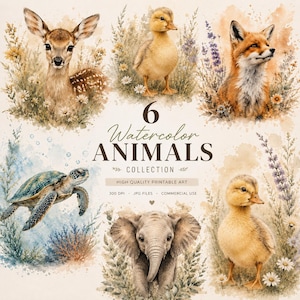 May include: A collection of six watercolor animal illustrations, including a deer, duckling, fox, turtle, elephant, and another duckling. The text reads "6 Watercolor Animals Collection". The art is high quality and suitable for printing.
