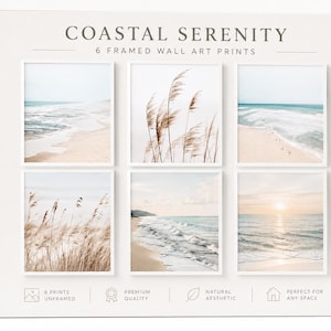 Könnte beinhalten: Eine Box mit sechs gerahmten Kunstdrucken mit dem Titel "Coastal Serenity". Die Drucke zeigen Küstenszenen mit Sandstränden, Meereswellen und hohem Gras. Die Farbpalette umfasst Beige, Blau und Weiß.