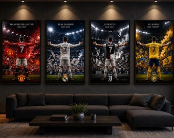 Cristiano Ronaldo Wall Art Set, CR7 Football Posters, Real Madrid Juventus Al Nassr Manchester United Decor, Soccer Prints Digital Download