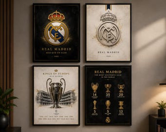 Real Madrid trofee muurkunst set, voetbalclub posterbundel, Champions League decor, voetbalfan afdrukbare, Real Madrid-logo print, sport R