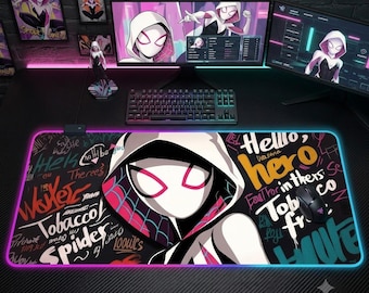Ghost Spider RGB Gaming Mauspad - Graffiti Street Art LED Schreibtischmatte - Pink Weiß Ästhetisches Großes XXL Hinterleuchtetes Mousepad - Gamer Schreibtisch Dekor