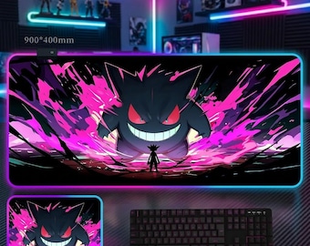 Gengar RGB Gaming Mouse Pad - Purple Ghost Energy LED Desk Mat - XXL Large Backlit Mousepad - 3mm 4mm Thick Anime Aesthetic Desk Decor Gift
