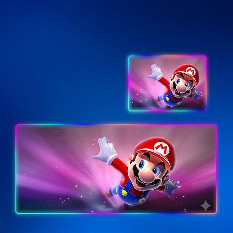 May include: Two rectangular desk mats featuring a graphic of Mario in a red cap, blue overalls, and white gloves against a purple and pink cosmic background. Each mat is outlined with a vibrant, glowing neon light border in shades of blue and pink.