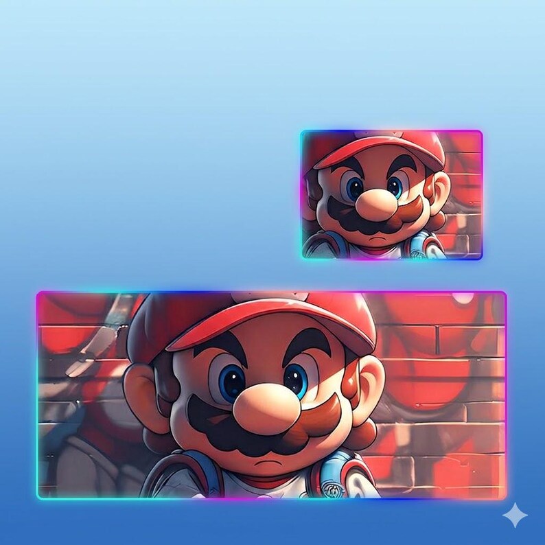 May include: A rectangular desk mat and a smaller square coaster featuring a cartoon character with a red cap, brown mustache, and blue eyes set against a red brick wall background with a glowing, multicolored neon-style border around the edges.