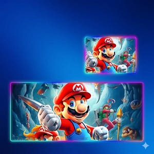 May include: A rectangular gaming desk mat featuring a vibrant illustration of Mario holding a knife, with a smaller matching version above it. Both images are framed by a glowing neon border against a solid blue background, showcasing detailed character art.