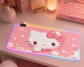 Kawaii Pink Cat RGB Gaming Mouse Pad Cute Floral Kitty LED Desk Mat Pastel Aesthetic XXL Backlit Mousepad Gift for Gamer Girls 3mm 4mm