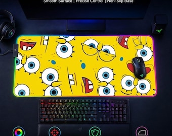 SpongeBob Patrick RGB Gaming Mauspad Multi-Designs - Gelbe Cartoon LED Schreibtischmatte - XXL Großes beleuchtetes Mousepad - 3 mm 4 mm dickes Gamer Geschenk