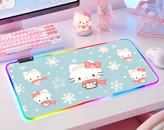 Kitty RGB Gaming Mouse Pad Multi-Designs - Kawaii Winter Snowflake LED Desk Mat - Cute Kitty XXL Backlit Mousepad Gift for Her
