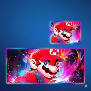 May include: A rectangular desk mat and a smaller matching rectangular mouse pad, both featuring a vibrant, colorful illustration of the character Mario wearing a red cap with an M emblem, set against a dynamic, swirling background of neon colors.