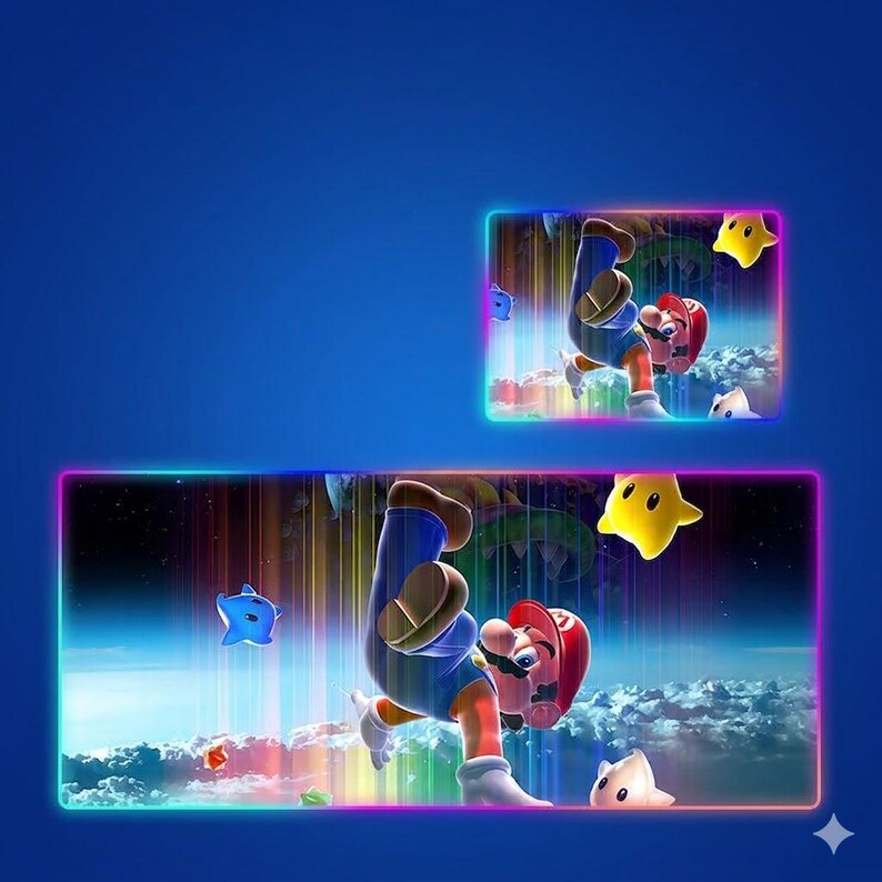 May include: A rectangular desk mat and a smaller matching rectangular mouse pad, both featuring a vibrant graphic of Mario in a dynamic pose against a space background with colorful vertical light streaks, glowing stars, and a neon-colored border.