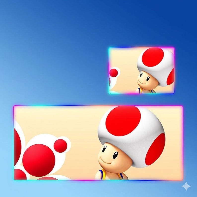 May include: Two rectangular desk mats featuring a character with a tan face and a large white mushroom cap with red spots. The character has a small smile and is wearing a blue and yellow vest. The mats have a glowing, multi-colored neon border.