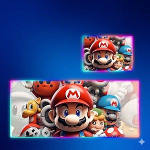 May include: A rectangular desk mat and a smaller square mousepad featuring a vibrant collage of Mario characters, including Mario in his iconic red hat and blue overalls, surrounded by various figures, all outlined with a glowing neon light border.
