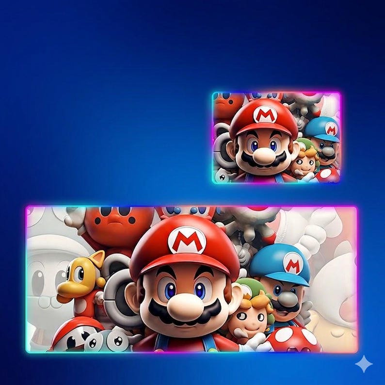 May include: A rectangular desk mat and a smaller square mousepad featuring a vibrant collage of Mario characters, including Mario in his iconic red hat and blue overalls, surrounded by various figures, all outlined with a glowing neon light border.