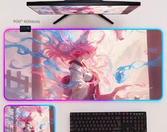 Ahri Spirit Blossom RGB Gaming Mauspad - Pink Fox Girl LED Schreibtischmatte - Kitsune Anime Aesthetic Großes XXL Backlit Mousepad - 3mm 4mm dick