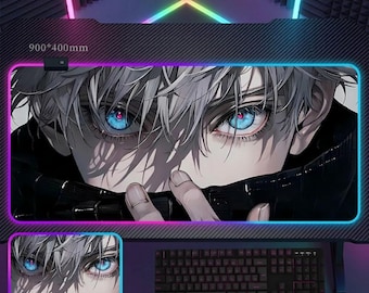 Gojo RGB Gaming Mouse Pad - Anime Blue Eyes LED Desk Mat - Satoru Aesthetic Large XXL Backlit Mousepad - 3mm 4mm Thick Gamer Desk Decor Gift