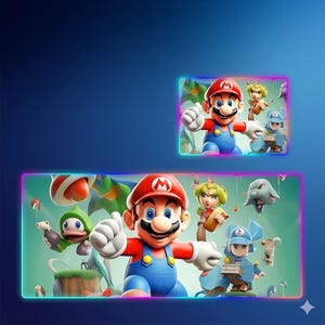 May include: A rectangular desk mat featuring a vibrant digital illustration of Mario in his signature red shirt and blue overalls, surrounded by various game characters, all framed by a glowing, multi-colored LED light border.