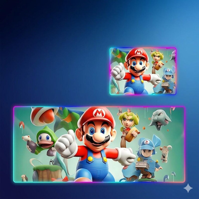 May include: A rectangular desk mat featuring a vibrant digital illustration of Mario in his signature red shirt and blue overalls, surrounded by various game characters, all framed by a glowing, multi-colored LED light border.