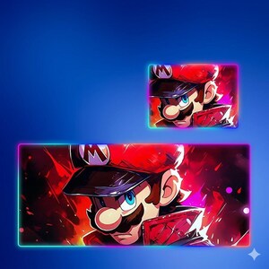 May include: A rectangular desk mat and a smaller square mouse pad featuring a vibrant illustration of Mario with a red cap and mustache against a dynamic red and black background. Both items are outlined with a glowing neon light border.