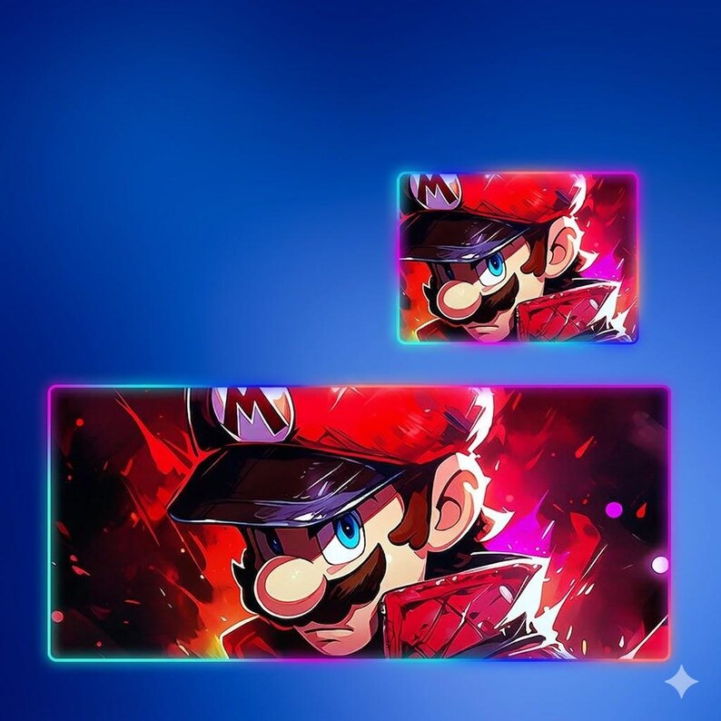 May include: A rectangular desk mat and a smaller square mouse pad featuring a vibrant illustration of Mario with a red cap and mustache against a dynamic red and black background. Both items are outlined with a glowing neon light border.