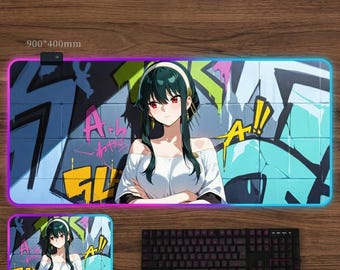 Yor RGB Gaming Mauspad - Graffiti Pinnwand Anime Girl LED Schreibtischmatte - Thorn Princess XXL Backlit Mousepad - 3mm 4mm dickes Gamer Schreibtisch Decor Geschenk