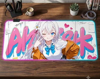 Alya Alisa Mikhailovna Kujou RGB Mauspad - Kawaii Russische Anime Mädchen LED Schreibtischmatte, Graffiti Pink Großes XXL Mousepad mit Hintergrundbeleuchtung, 3 mm 4 mm dick