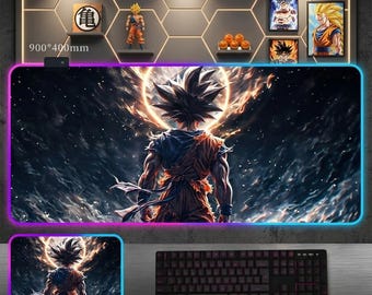 Goku RGB Gaming Mouse Pad - Super Saiyan Aura LED Desk Mat - Anime Warrior Ultra Instinct Large XXL Backlit Mousepad - Gamer Desk Decor Gift