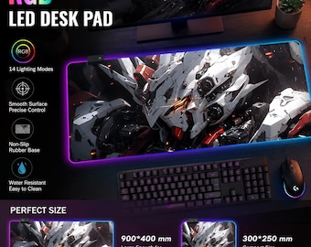 Gundam RGB Gaming Mauspad, Mecha Anime LED Schreibtischmatte, Sci-Fi Roboter XXL Backlit Mousepad, 3 mm 4 mm Dicke Gamer PC Einrichtung Schreibtisch Decor Geschenk