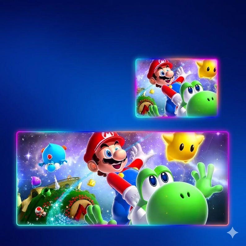 May include: A rectangular gaming mouse pad featuring a vibrant space-themed illustration of Mario and a green Yoshi. The design includes a bright yellow star, a blue creature, and a small planet with a red M logo, all framed by a glowing neon border.