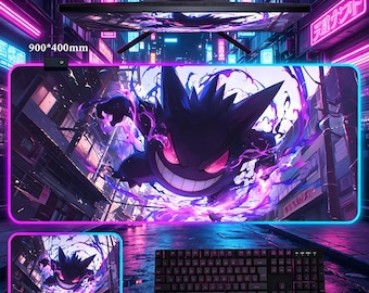 Gengar RGB Gaming Mouse Pad - Neon Ghost City LED Desk Mat - Cyberpunk Large XXL Backlit Mousepad  3mm 4mm Thick Multi-Size Gamer Desk Decor