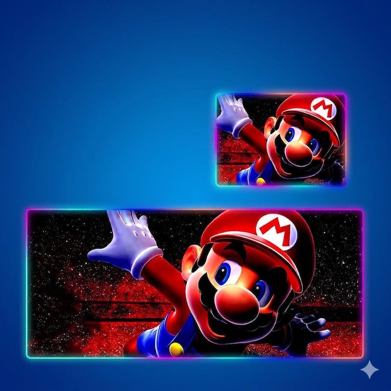 May include: A rectangular desk mat and a smaller matching square mouse pad featuring a vibrant graphic of Mario. Both items display a character with a red hat, blue overalls, and white gloves against a dark, starry, and red-toned background.