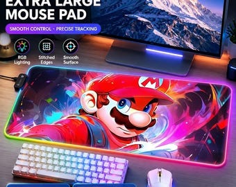 Mario RGB Gaming Mauspad Multi-Designs - Super Mario LED Schreibtischmatte - Retro Gamer XXL Mauspad mit Hintergrundbeleuchtung - 3 mm 4 mm dickes professionelles Geschenk