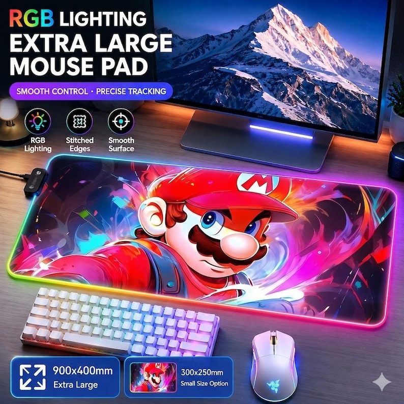 May include: An extra large rectangular mouse pad featuring RGB lighting along the stitched edges and a vibrant graphic of Mario. The text reads RGB LIGHTING EXTRA LARGE MOUSE PAD, SMOOTH CONTROL, PRECISE TRACKING, 900x400mm Extra Large, and 300x250mm Small Size Option.