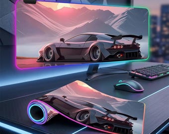 RGB LED Gaming Mauspad - Sportwagen Berguntergang XXL Schreibtischmatte - Widebody Car Ästhetische Schreibtischdekoration - Großes leuchtendes hinterleuchtetes Mousepad