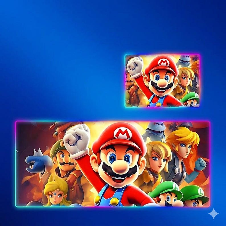 May include: A rectangular gaming mouse pad featuring a vibrant, colorful illustration of Mario and various characters from the Super Mario franchise, framed by a glowing neon light border against a solid blue background, with a smaller matching version above.